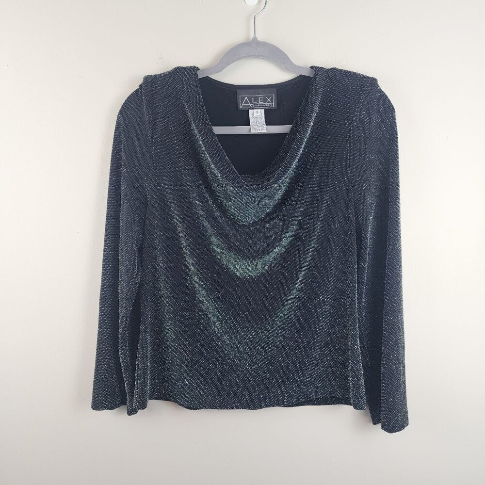 Alex Evenings sz S black silver metallic shoulder pad cowl neck top dressy